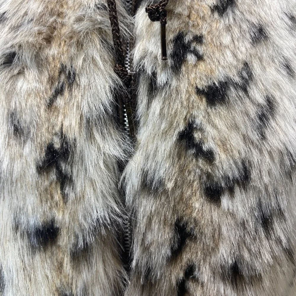 VTG Girl's Skyline Fun Fur‎ Faux Fur Hooded Jacket Snow Leopard Print Coat